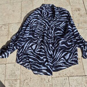 Jones New York Signature Woman Black White Zebra Print Chiffon Button Down 3X